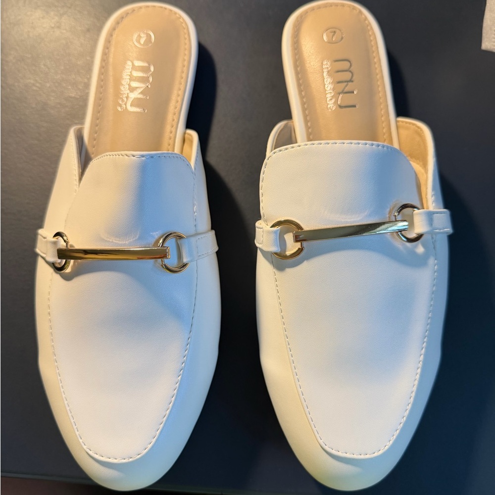 MIU White Backless Loafer Mules with Gold Bit